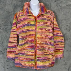 Vintage Over The Rainbow Wool S Full Zip Cardigan Sweater Thick Knit Pockets Y2K